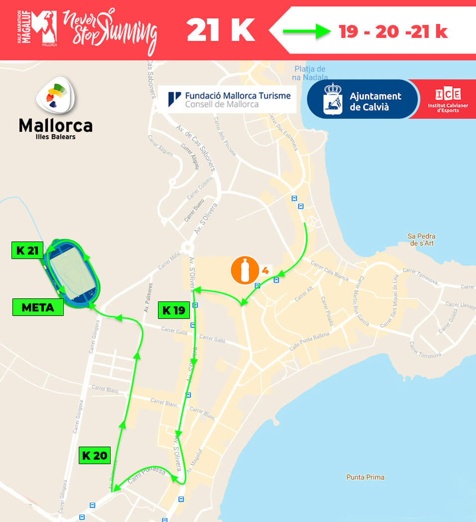 Circuito 21 km Half Marathon Magaluf, Circuitos Media Maratón de Magaluf, Avituallamientos - Media maratón Mallorca (Magaluf)